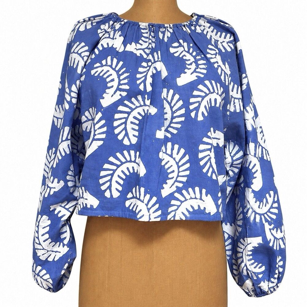 AQUA x Studio 189 Blue White Crop Top Balloon Sleeve Boho Cotton Small